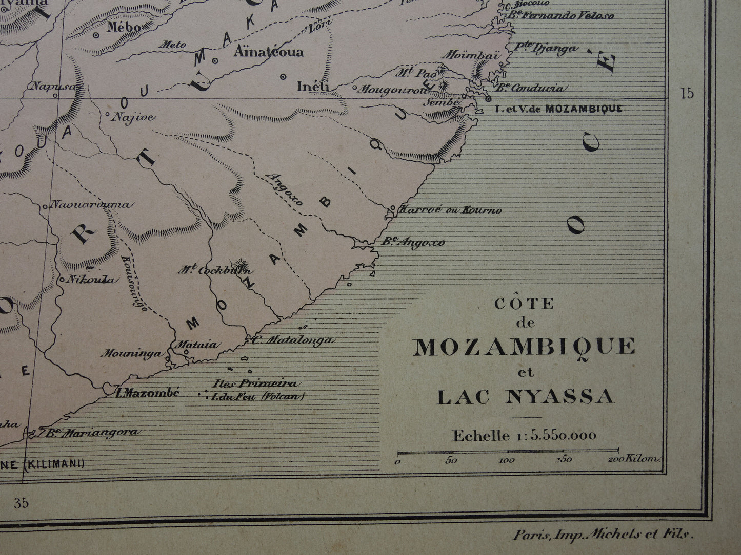 Mozambique Old map of Mozambique Lake Malawi from 1896 antique hand-colored map Lake Malawi