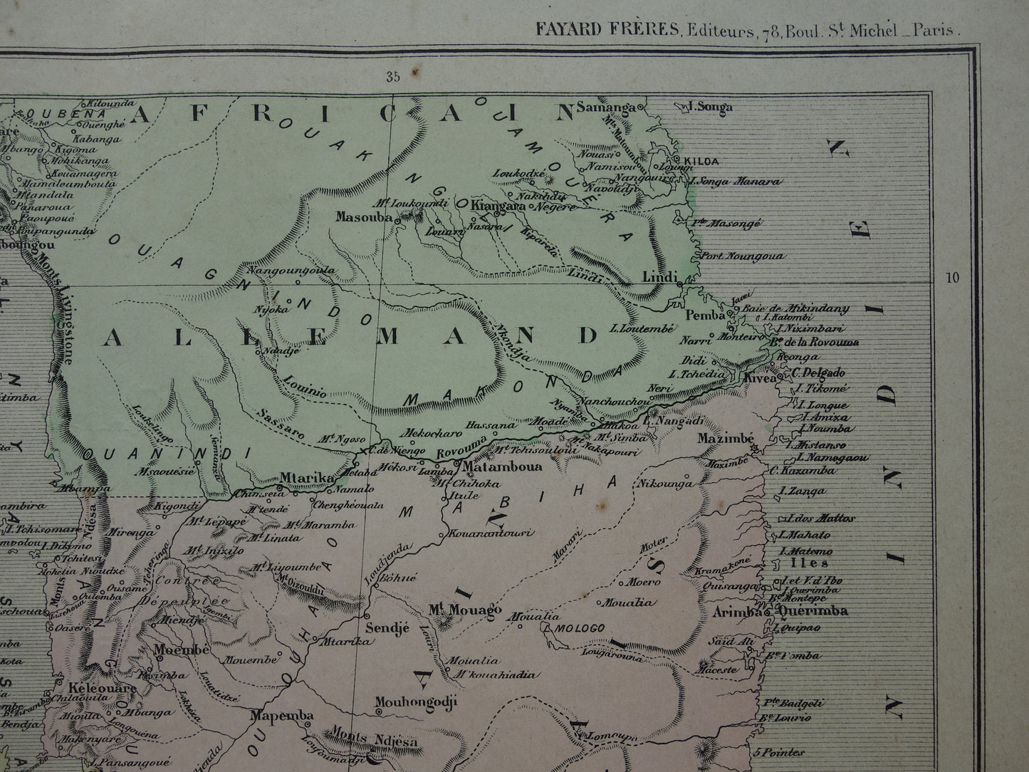 Mozambique Old map of Mozambique Lake Malawi from 1896 antique hand-colored map Lake Malawi