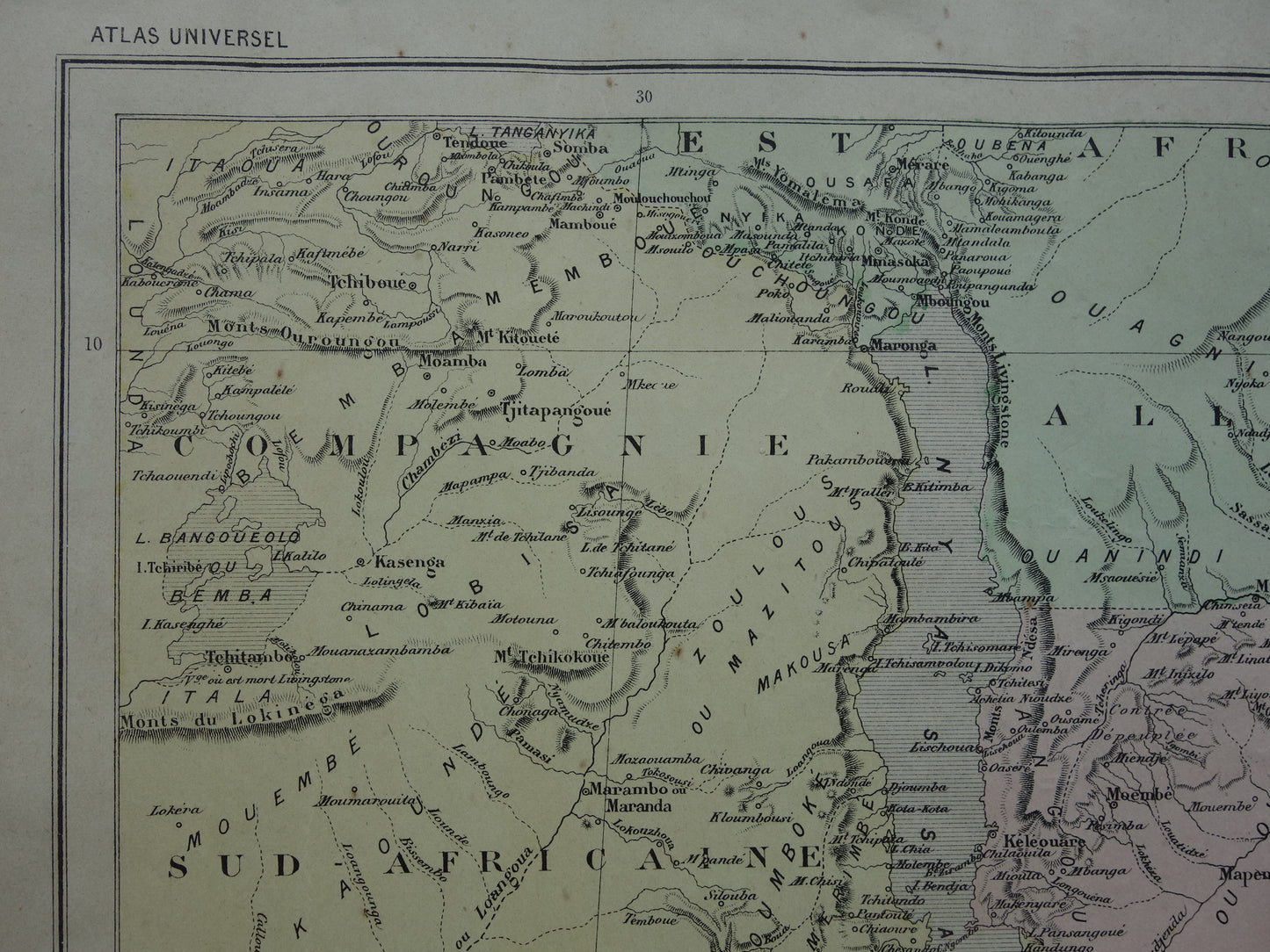 Mozambique Old map of Mozambique Lake Malawi from 1896 antique hand-colored map Lake Malawi