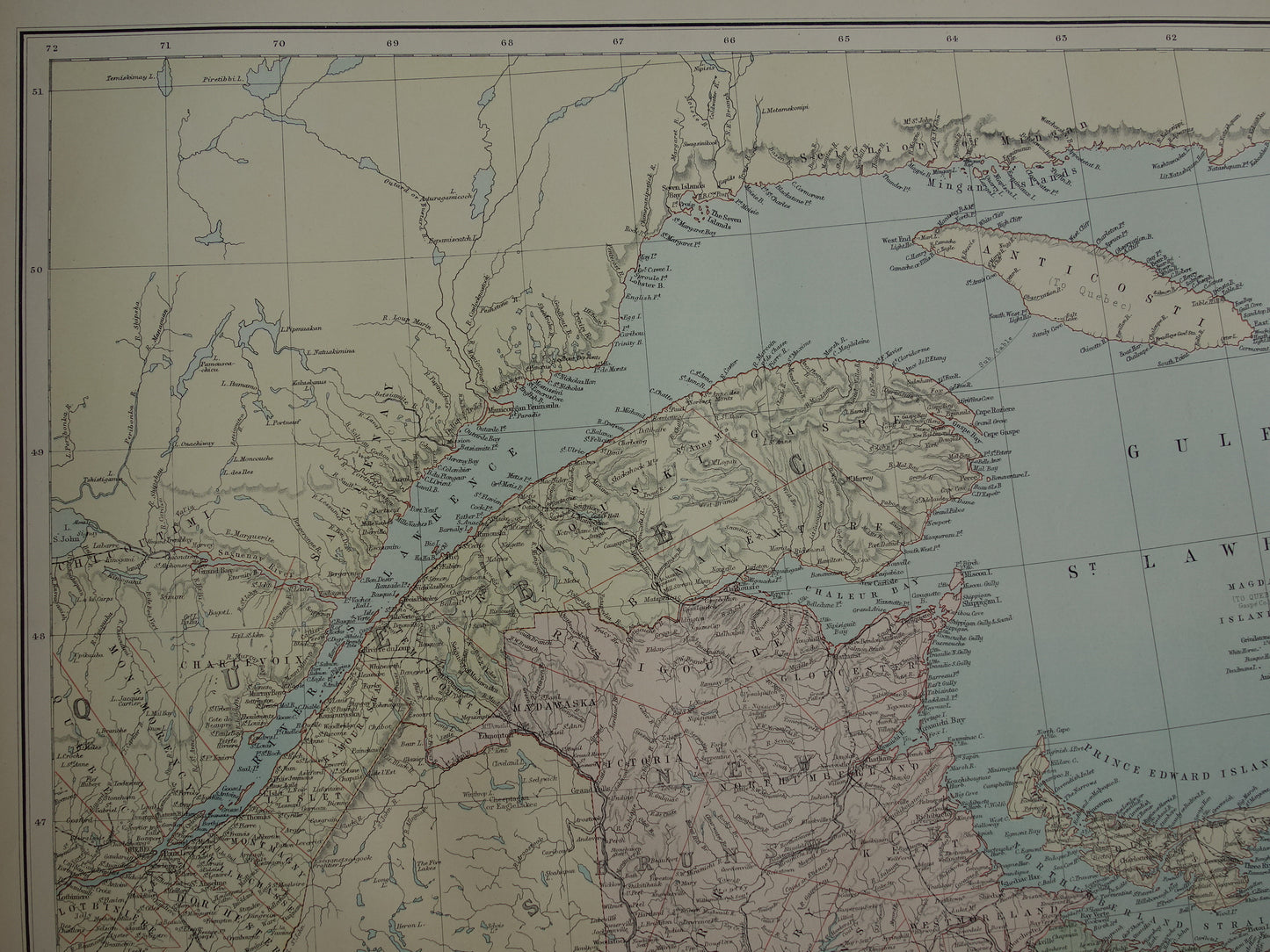 CANADA Grote antieke kaart van Newfoundland Quebec Nova Scotia Brunswick 1890 oude Engelse landkaart poster