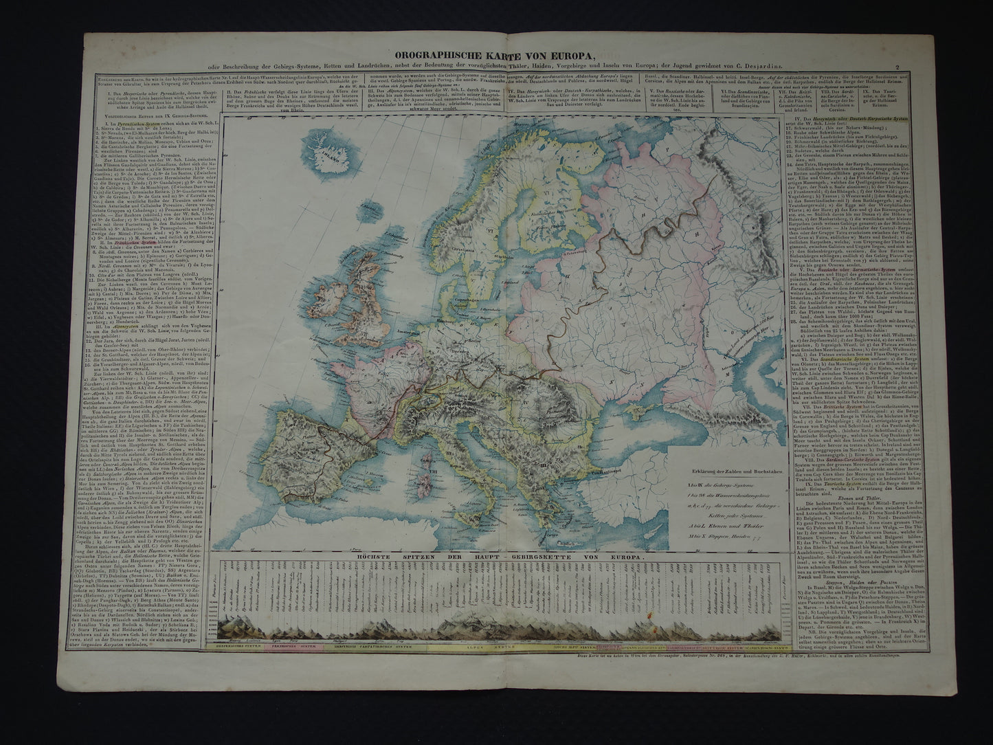 EUROPA grote oude kaart bergen van Europa uit 1840 originele antieke landkaart gebergten Europees continent hoogste bergtoppen Alpen Karpaten vintage print