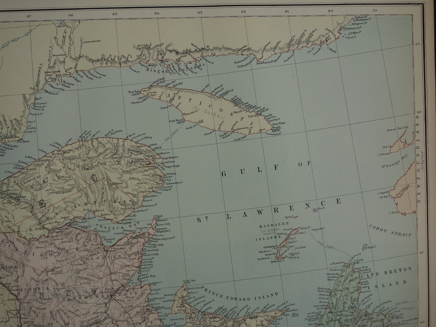 CANADA Grote antieke kaart van Newfoundland Quebec Nova Scotia Brunswick 1890 oude Engelse landkaart poster