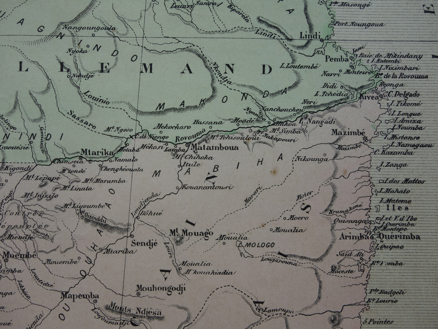Mozambique Old map of Mozambique Lake Malawi from 1896 antique hand-colored map Lake Malawi