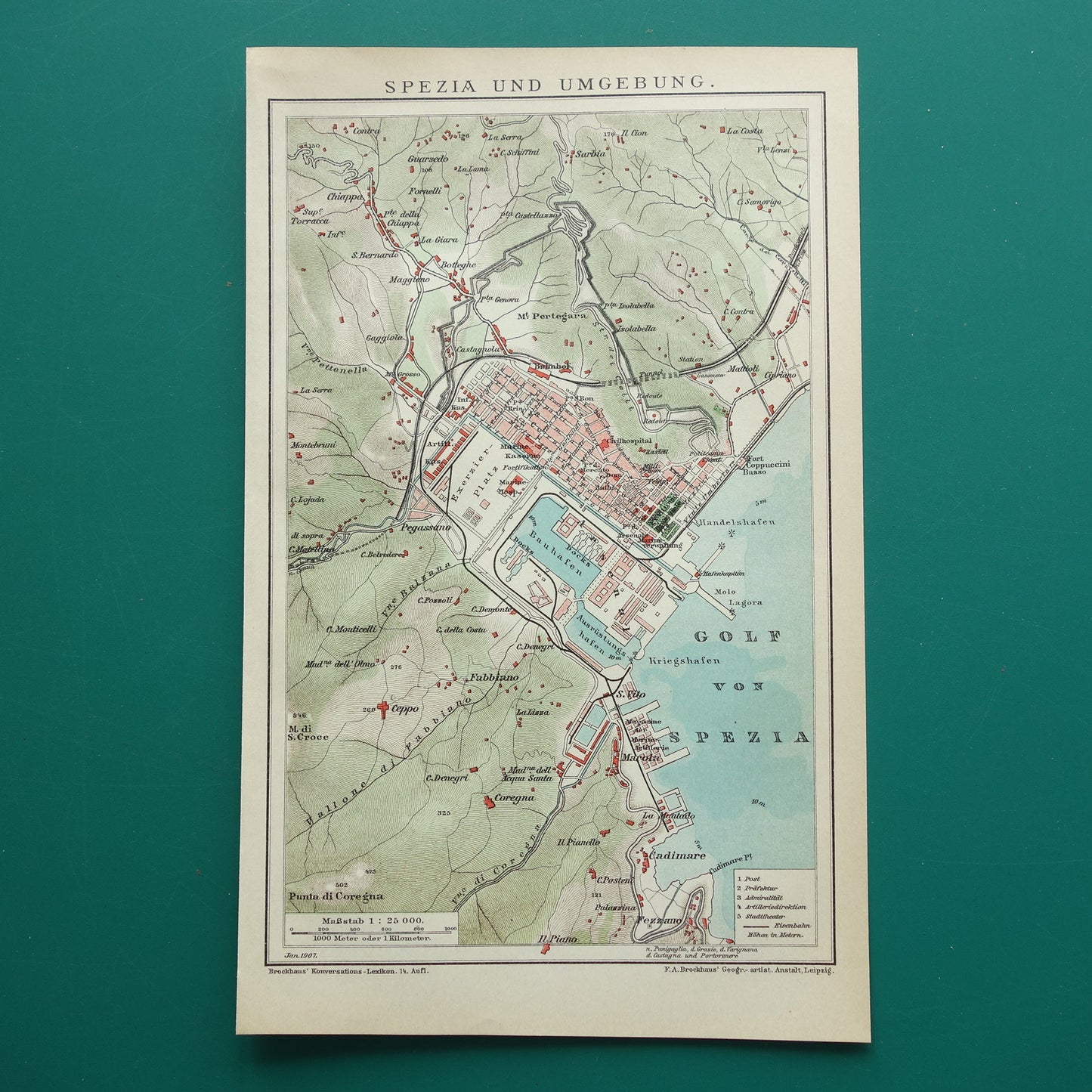 La Spezia Italië oude kaart uit 1907 originele antieke plattegrond met jaartal Duitse landkaart