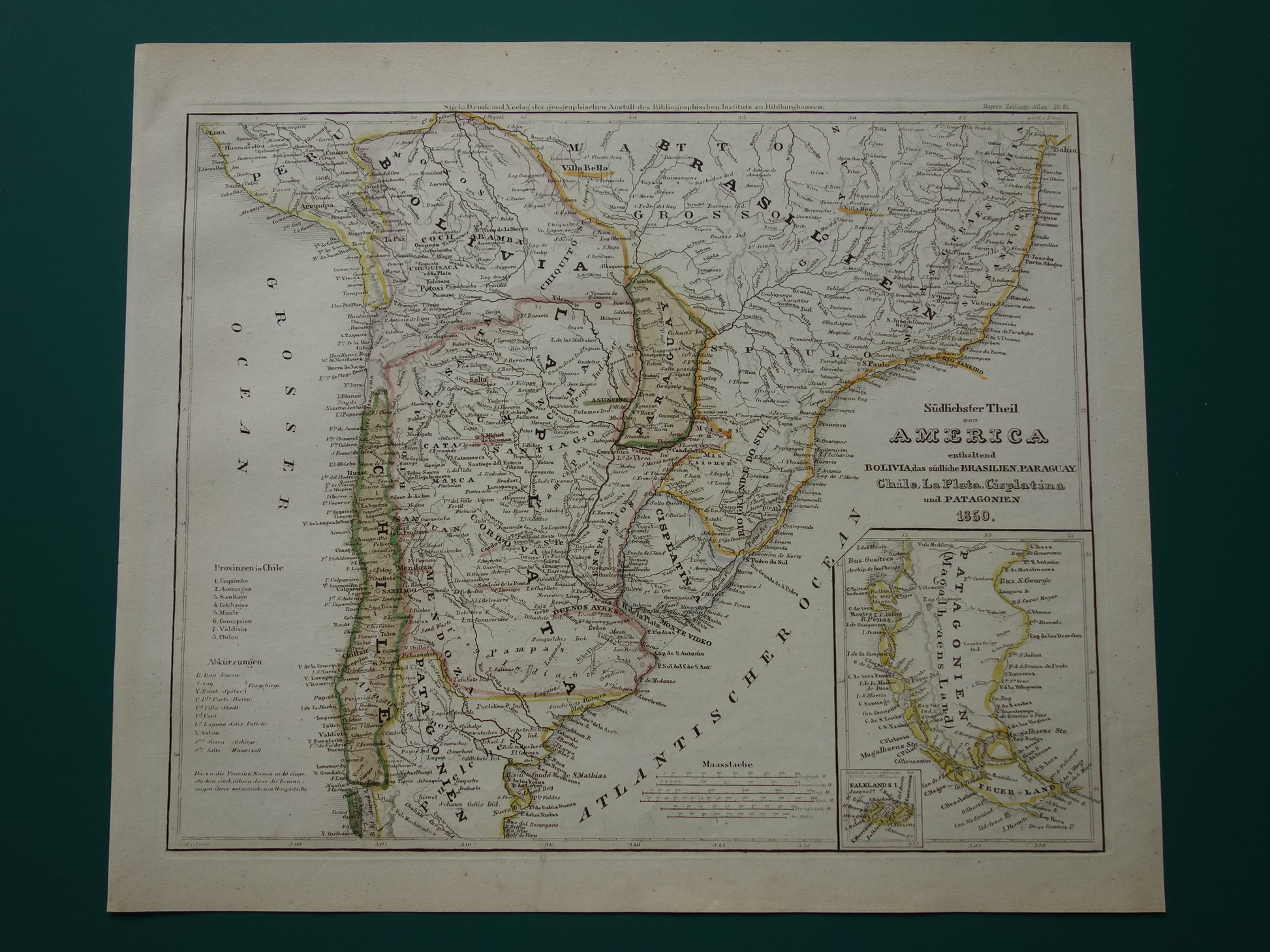 Oude landkaart van Zuid-Amerika met Patagonië uit 1850 originele antieke kaart Argentinië Chili Uruguay Paraguay met jaartal
