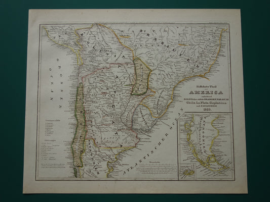Oude landkaart van Zuid-Amerika met Patagonië uit 1850 originele antieke kaart Argentinië Chili Uruguay Paraguay met jaartal