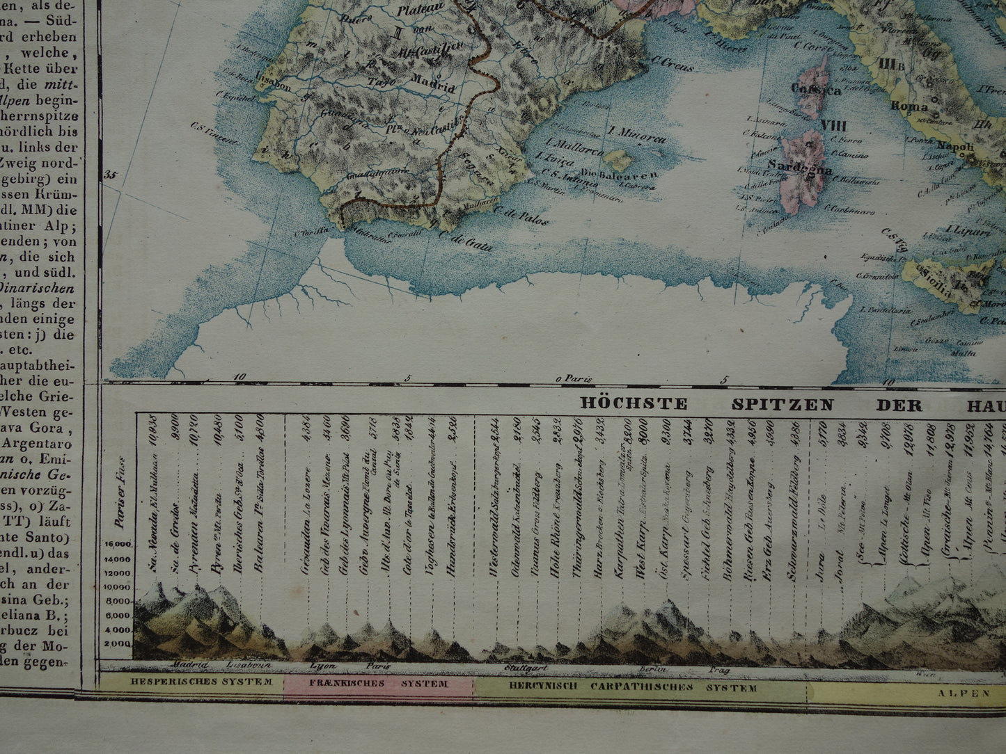 EUROPA grote oude kaart bergen van Europa uit 1840 originele antieke landkaart gebergten Europees continent hoogste bergtoppen Alpen Karpaten vintage print