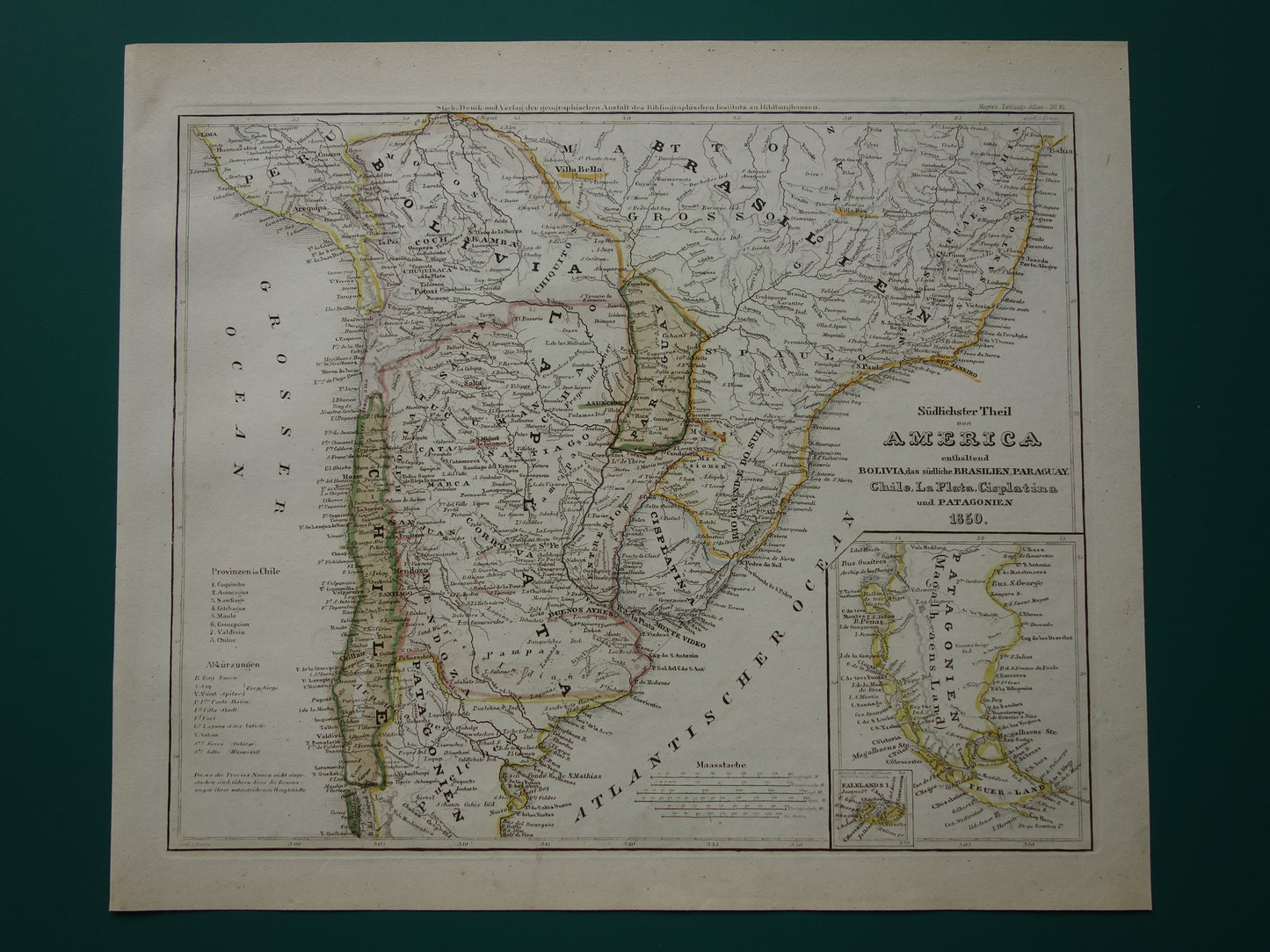 Alte Karte von Südamerika mit Patagonien aus dem Jahr 1850, originale antike Karte von Argentinien, Chile, Uruguay und Paraguay mit Datumsangabe.