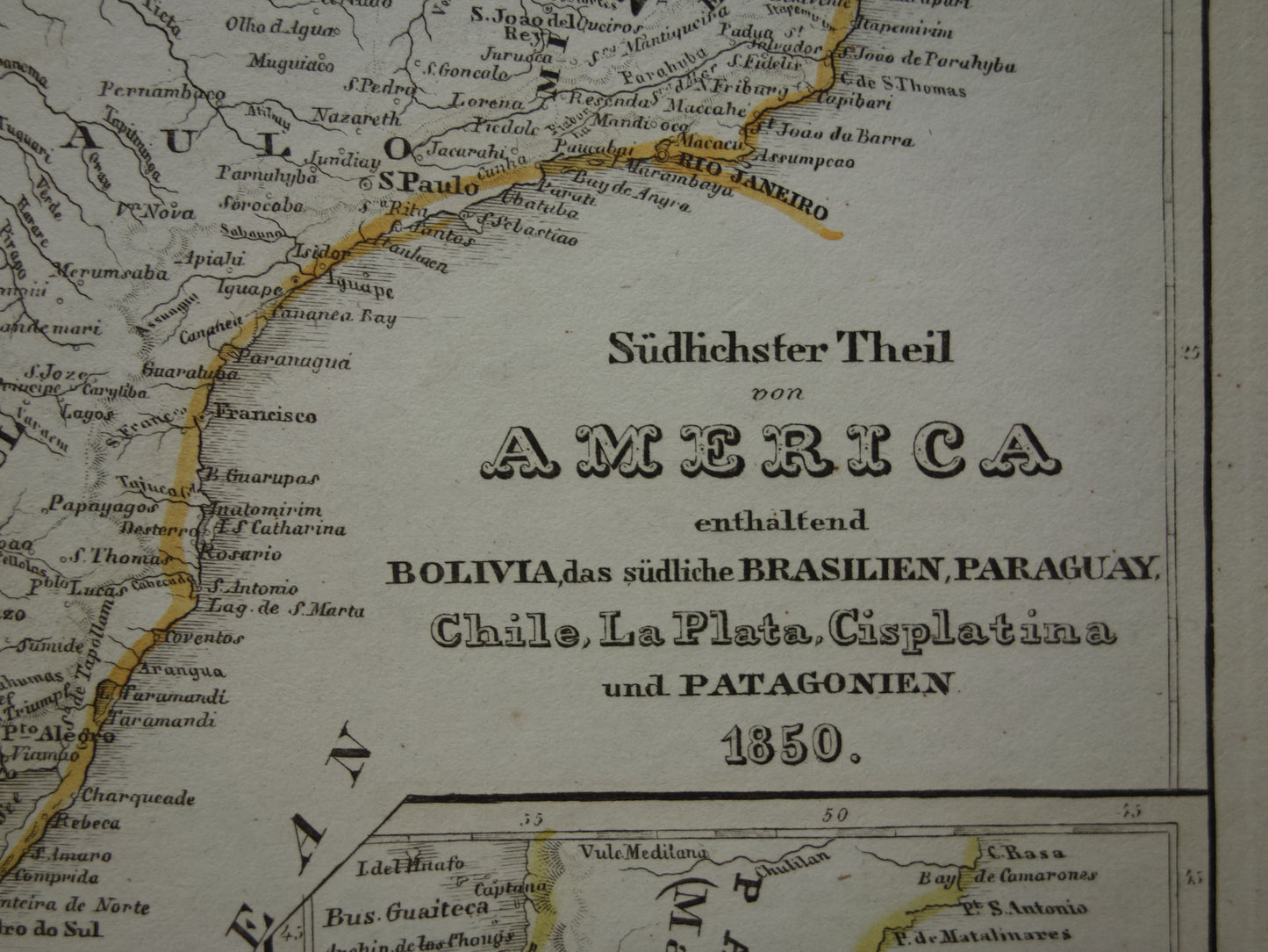 Alte Karte von Südamerika mit Patagonien aus dem Jahr 1850, originale antike Karte von Argentinien, Chile, Uruguay und Paraguay mit Datumsangabe.