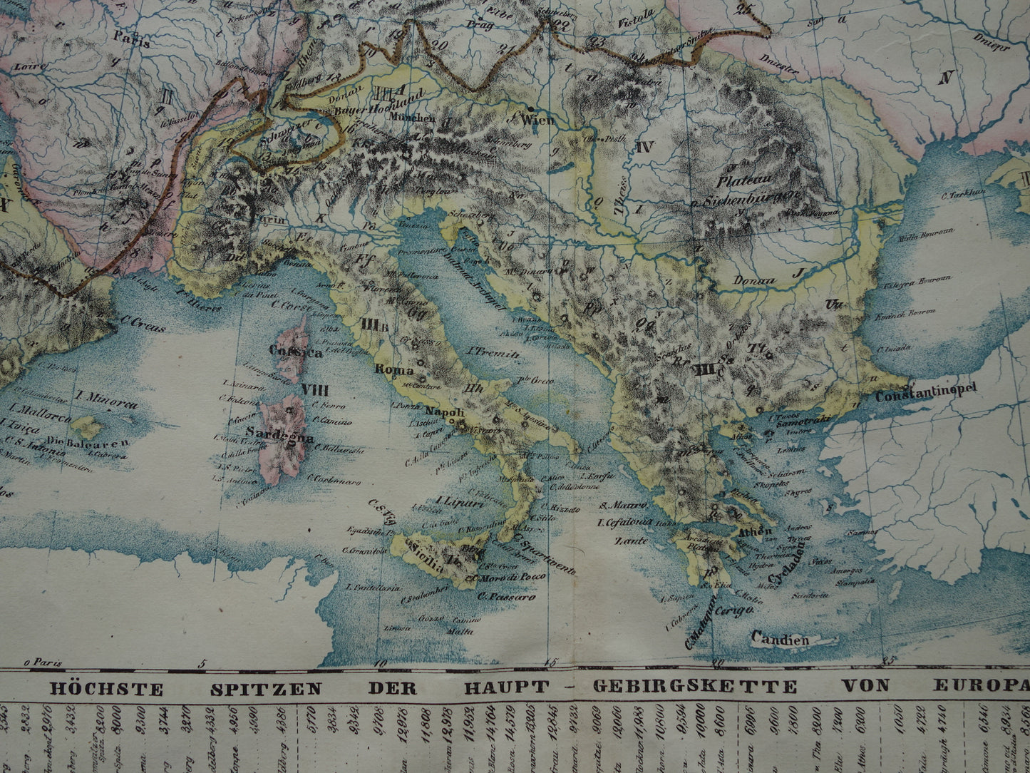 EUROPA grote oude kaart bergen van Europa uit 1840 originele antieke landkaart gebergten Europees continent hoogste bergtoppen Alpen Karpaten vintage print