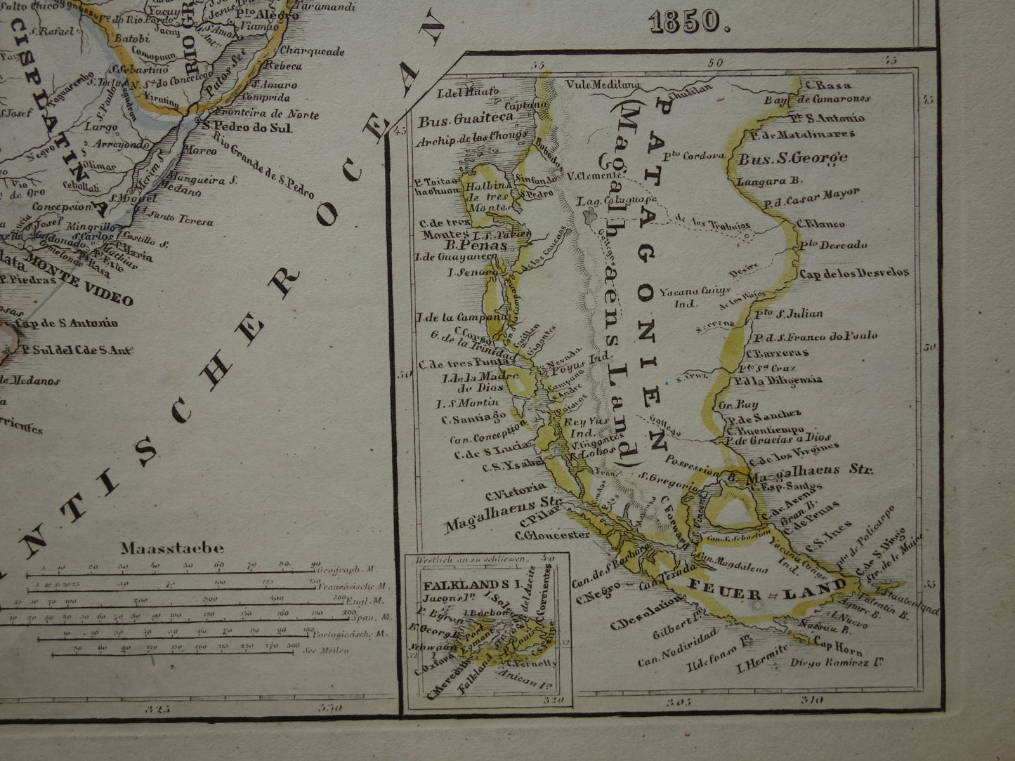 Alte Karte von Südamerika mit Patagonien aus dem Jahr 1850, originale antike Karte von Argentinien, Chile, Uruguay und Paraguay mit Datumsangabe.