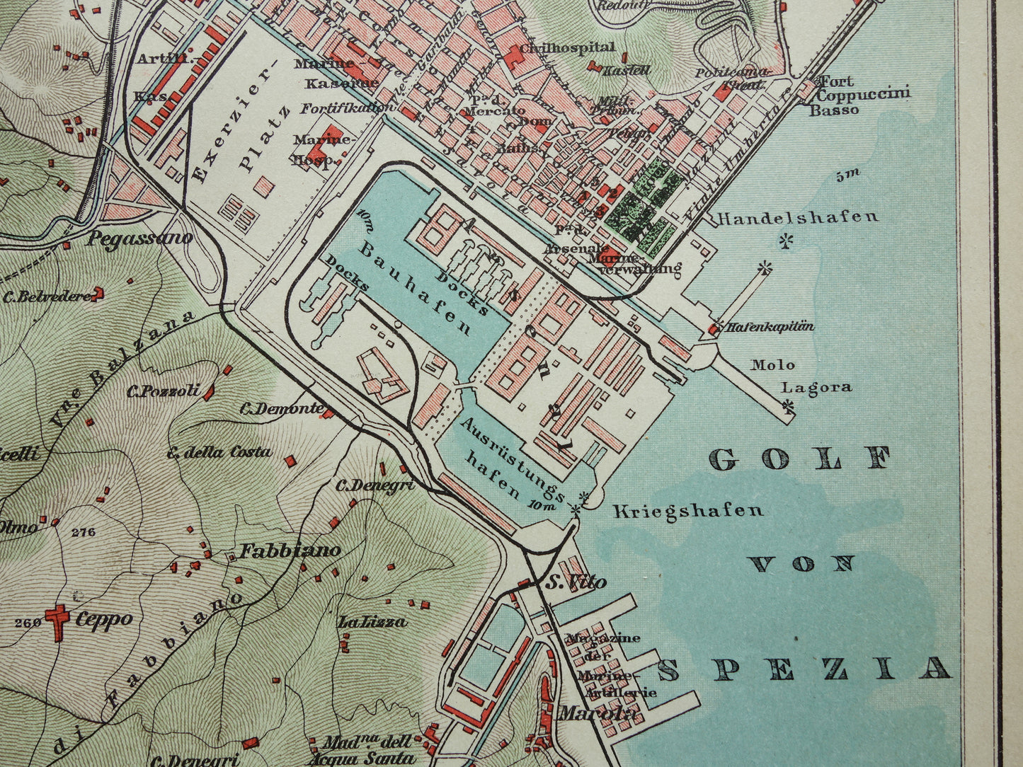 La Spezia Italië oude kaart uit 1907 originele antieke plattegrond met jaartal Duitse landkaart