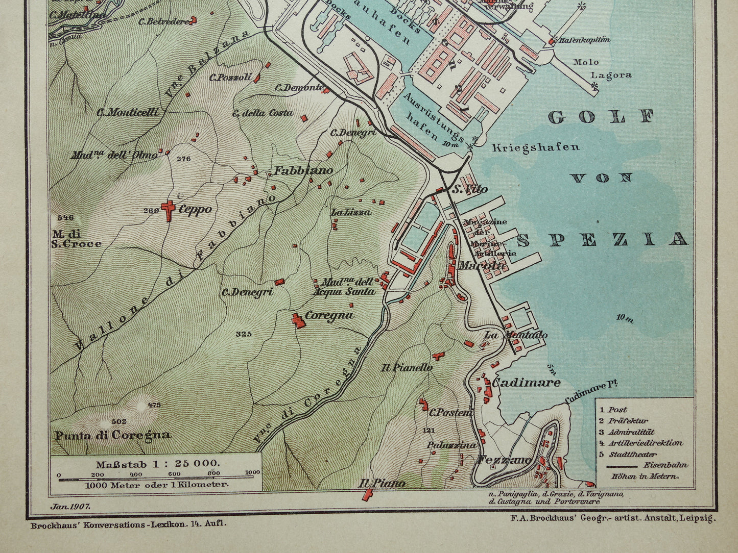 La Spezia Italië oude kaart uit 1907 originele antieke plattegrond met jaartal Duitse landkaart