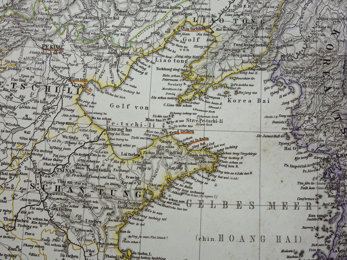 Oude kaart van Korea China en Japan uit 1868 Originele antieke landkaart vintage poster met jaartal