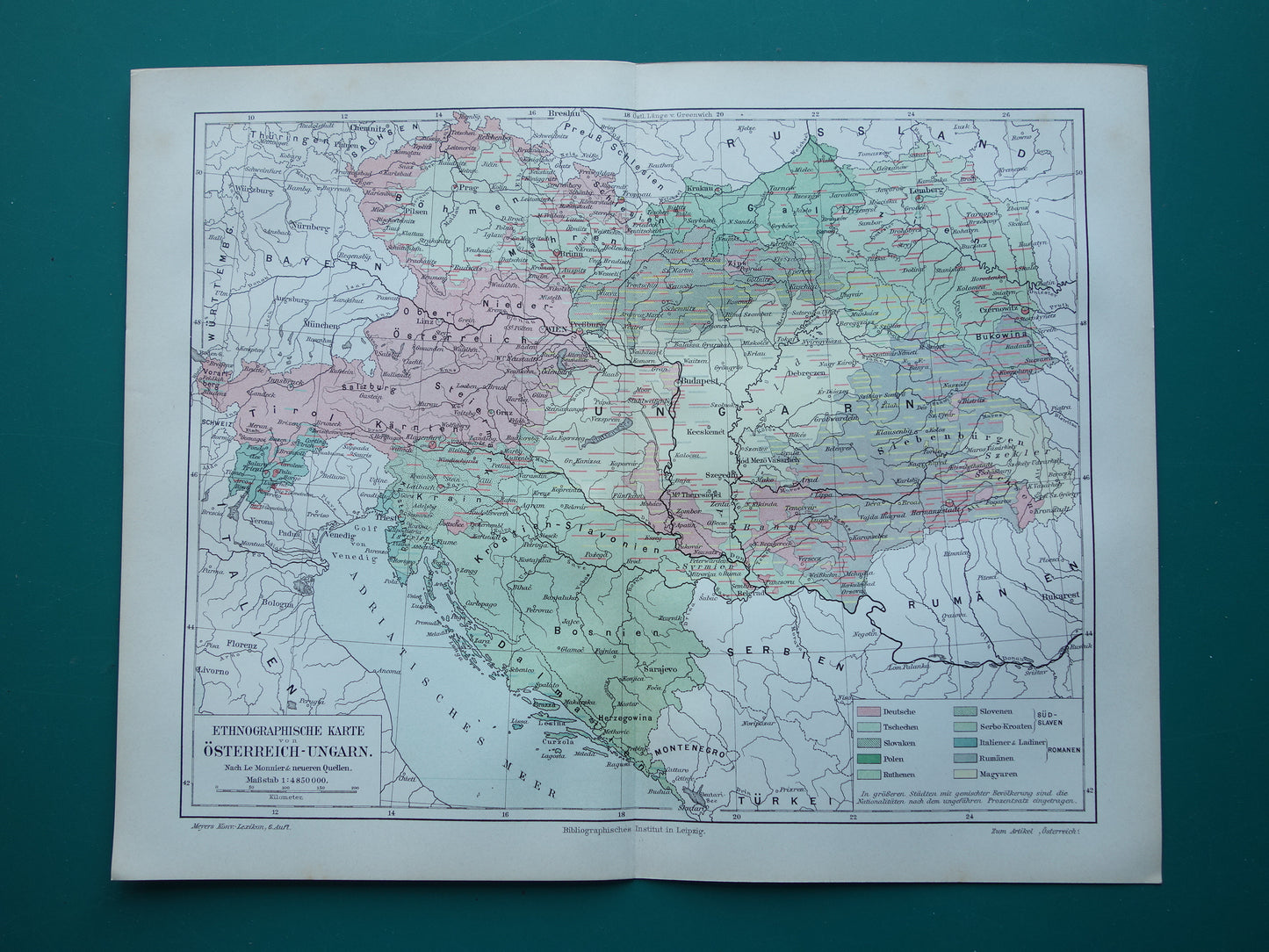 Oude etnografische kaart van Oostenrijk Hongarije uit het jaar 1909 antieke landkaart Oostenrijks-Hongaarse Rijk Etnografie