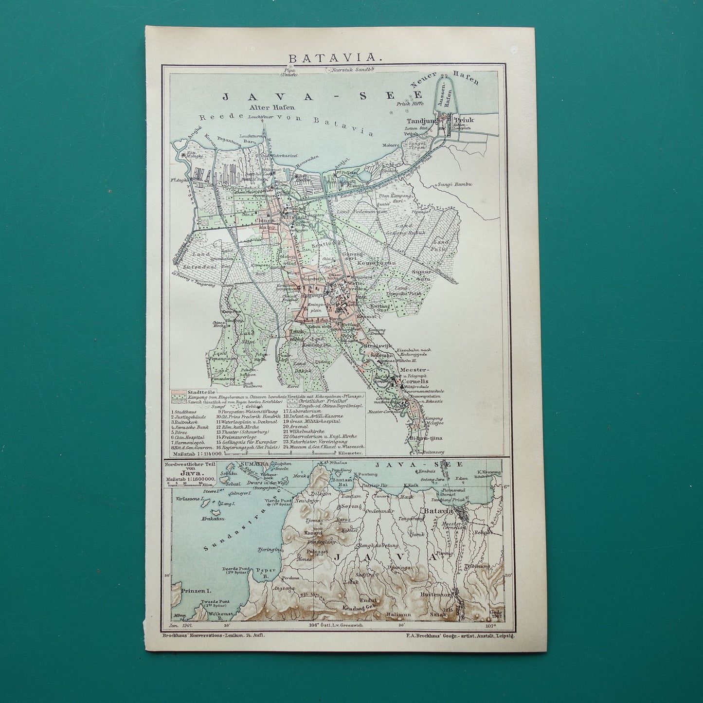 Antieke kaart van Jakarta Indonesië 1901 kleine originele oude plattegrond Batavia vintage kaarten met jaartal