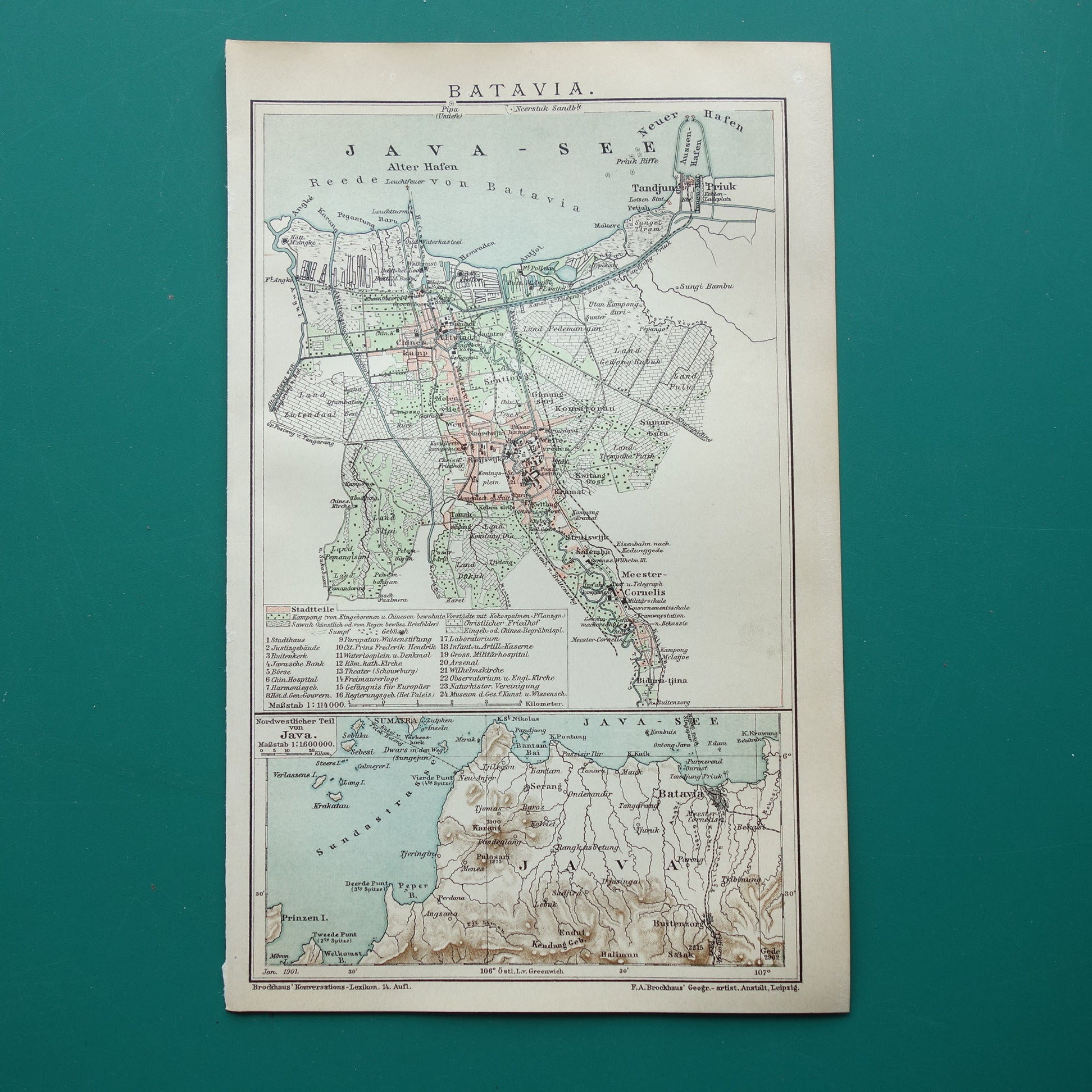 Antieke kaart van Jakarta Indonesië 1901 kleine originele oude plattegrond Batavia vintage kaarten met jaartal