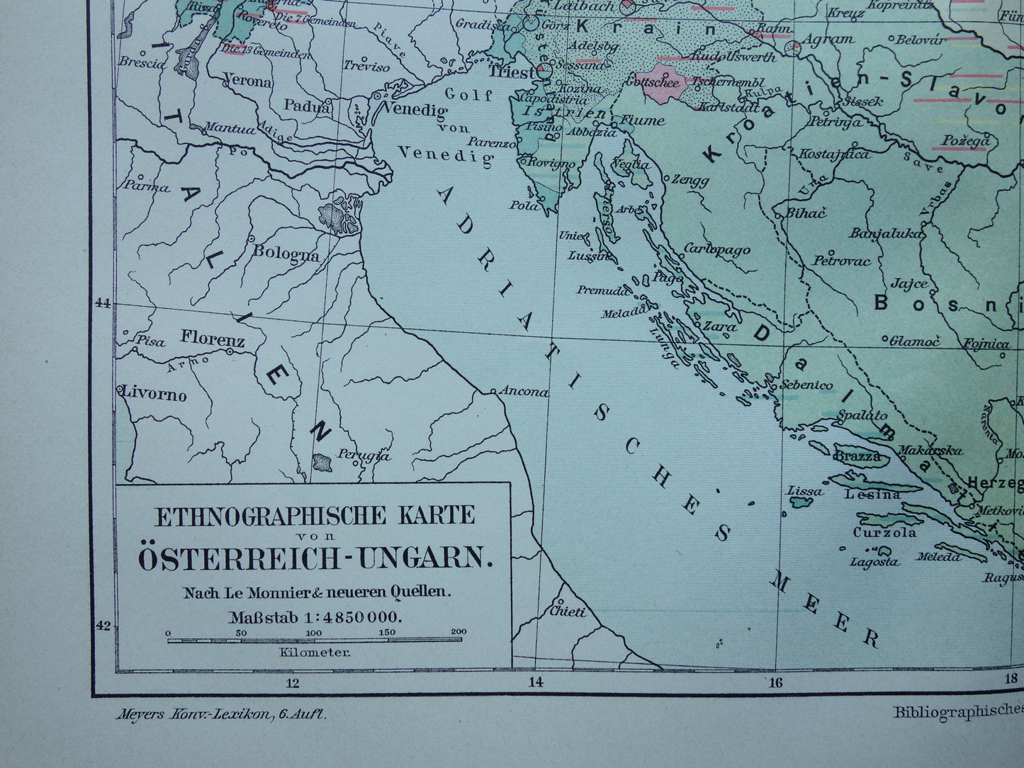 Oude etnografische kaart van Oostenrijk Hongarije uit het jaar 1909 antieke landkaart Oostenrijks-Hongaarse Rijk Etnografie