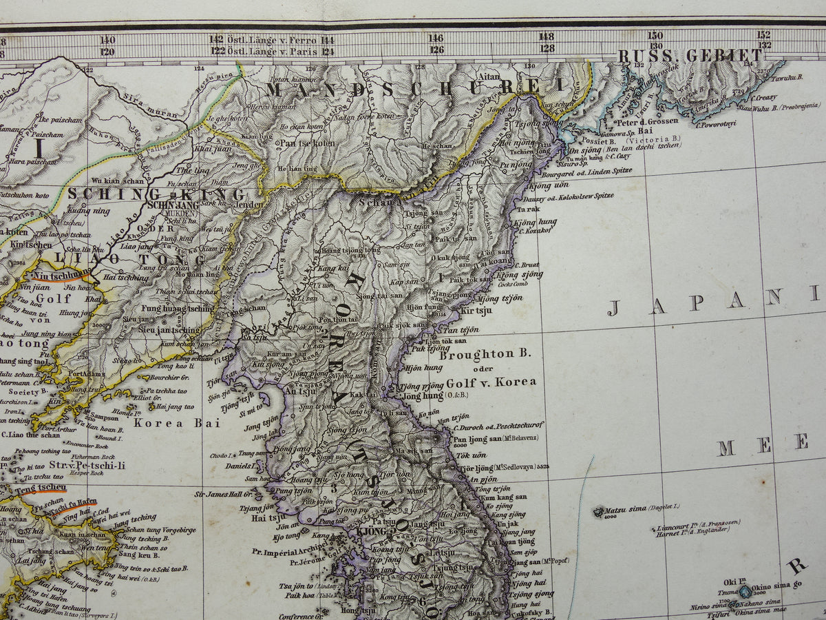 Oude kaart van Korea China en Japan uit 1868 Originele antieke landkaart vintage poster met jaartal