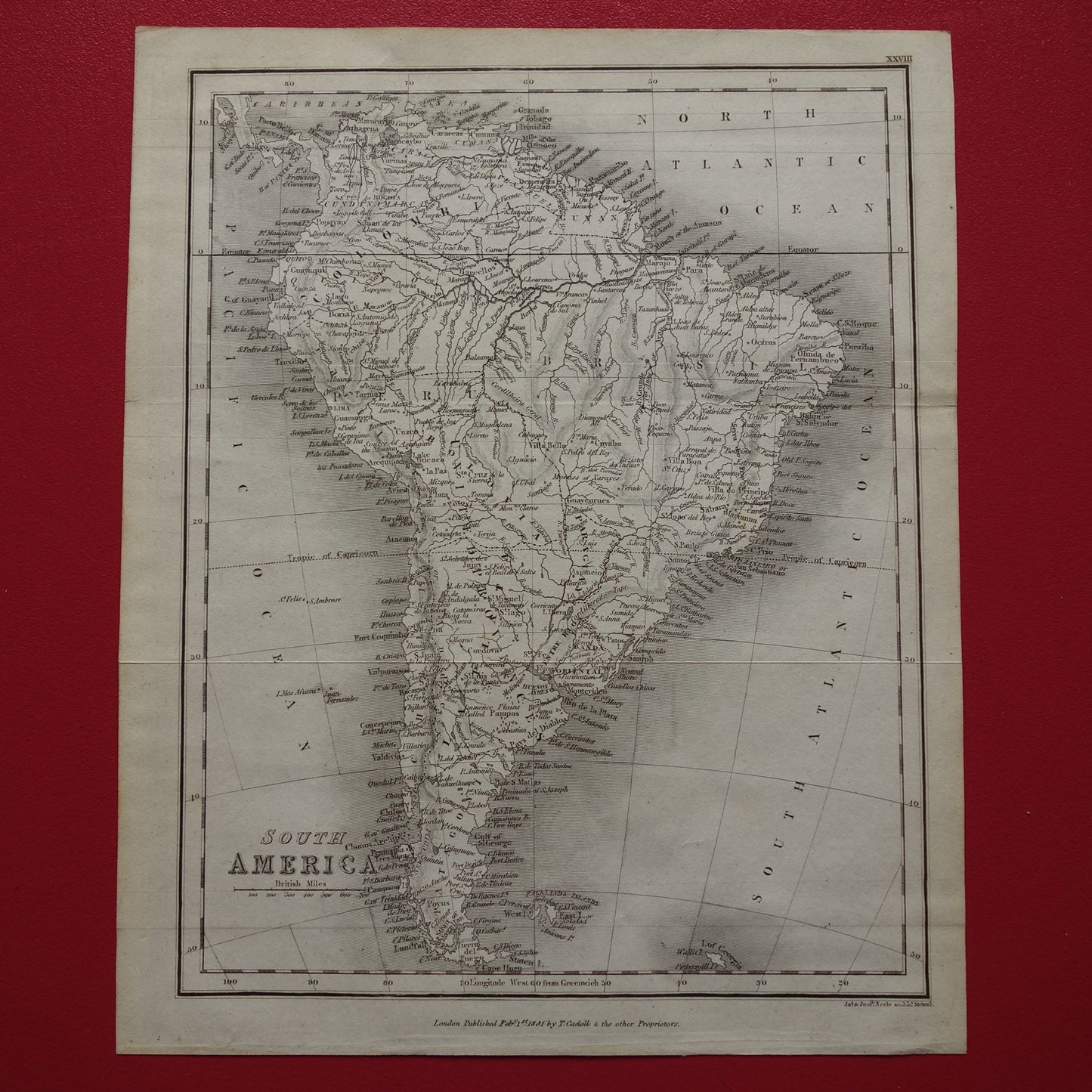 SOUTH AMERICA old English map from 1831 with date - antique map of continent South America