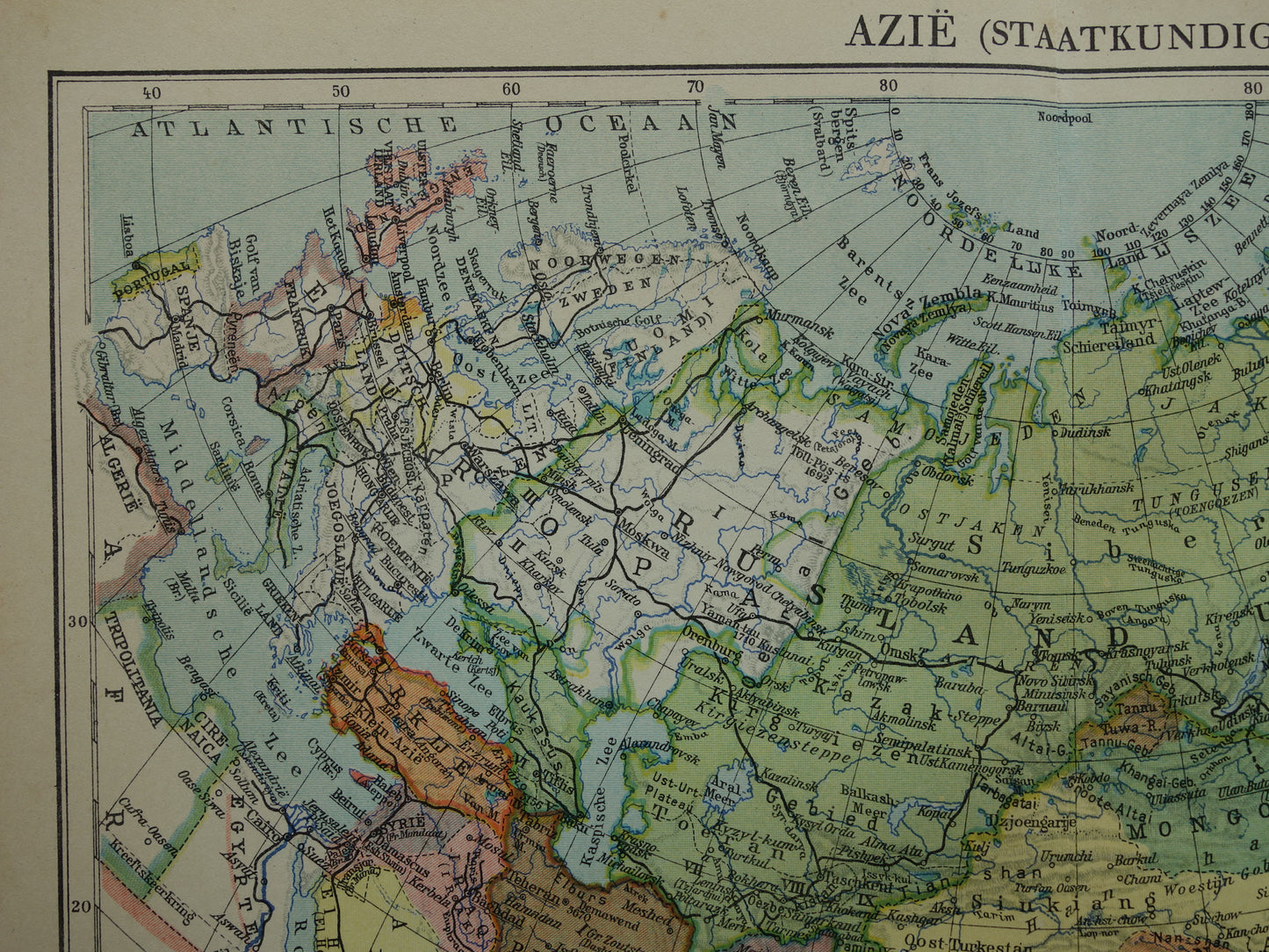 ASIA old map of continent Asia from 1936 original Dutch vintage map