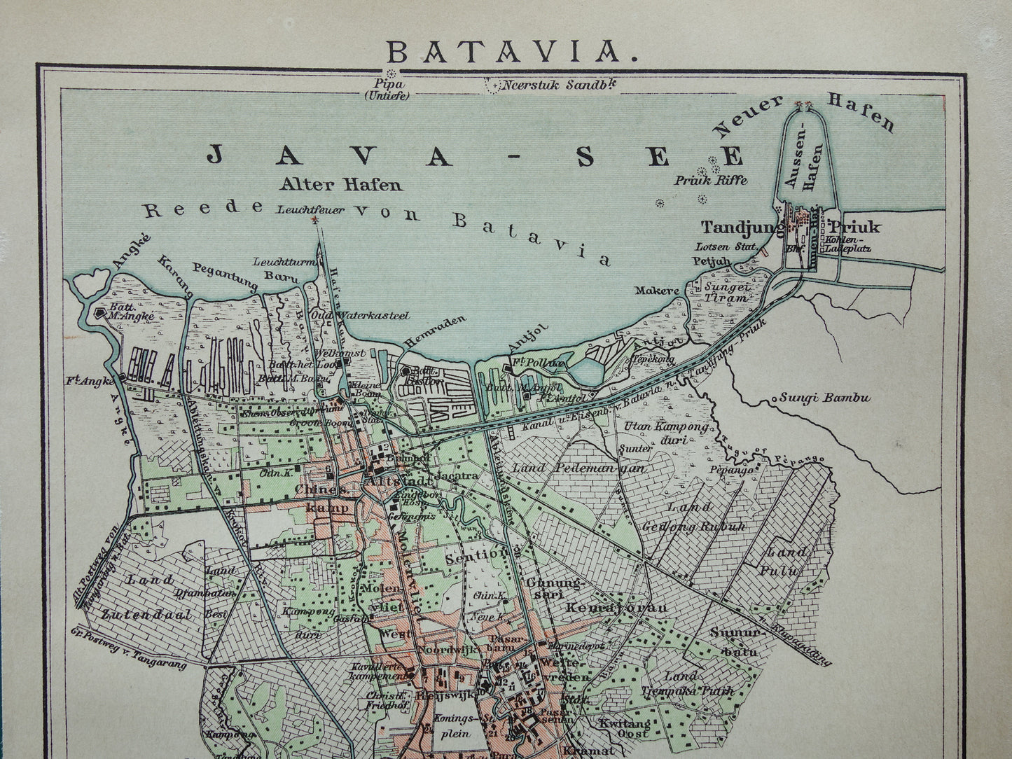 Antieke kaart van Jakarta Indonesië 1901 kleine originele oude plattegrond Batavia vintage kaarten met jaartal