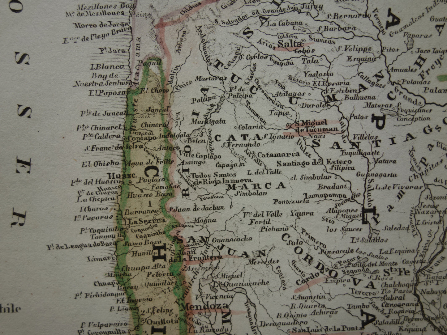 Alte Karte von Südamerika mit Patagonien aus dem Jahr 1850, originale antike Karte von Argentinien, Chile, Uruguay und Paraguay mit Datumsangabe.