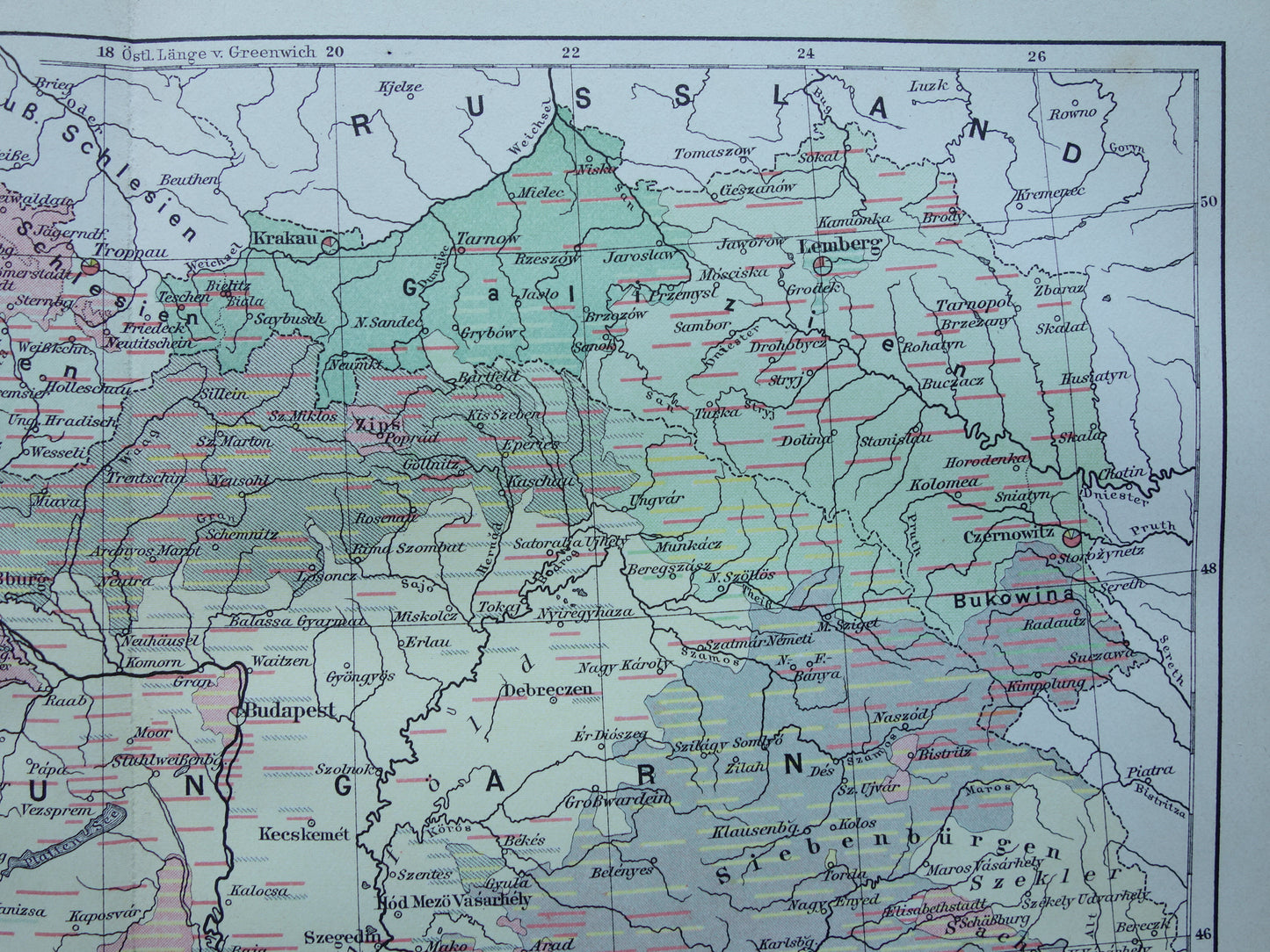 Oude etnografische kaart van Oostenrijk Hongarije uit het jaar 1909 antieke landkaart Oostenrijks-Hongaarse Rijk Etnografie