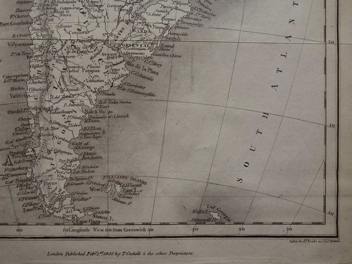SOUTH AMERICA old English map from 1831 with date - antique map of continent South America