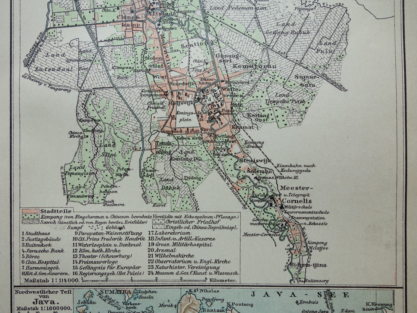 Antieke kaart van Jakarta Indonesië 1901 kleine originele oude plattegrond Batavia vintage kaarten met jaartal