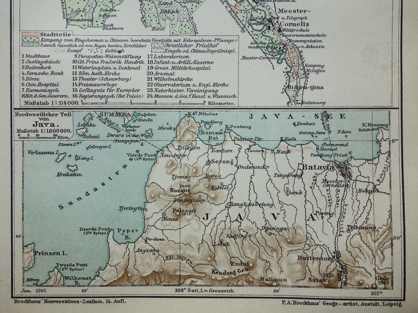 Antieke kaart van Jakarta Indonesië 1901 kleine originele oude plattegrond Batavia vintage kaarten met jaartal