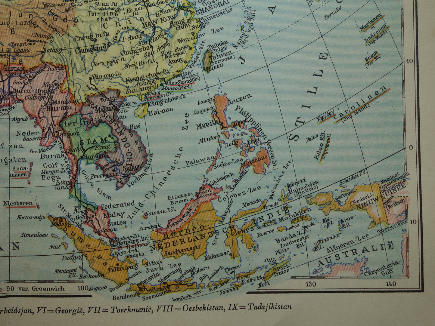 ASIA old map of continent Asia from 1936 original Dutch vintage map