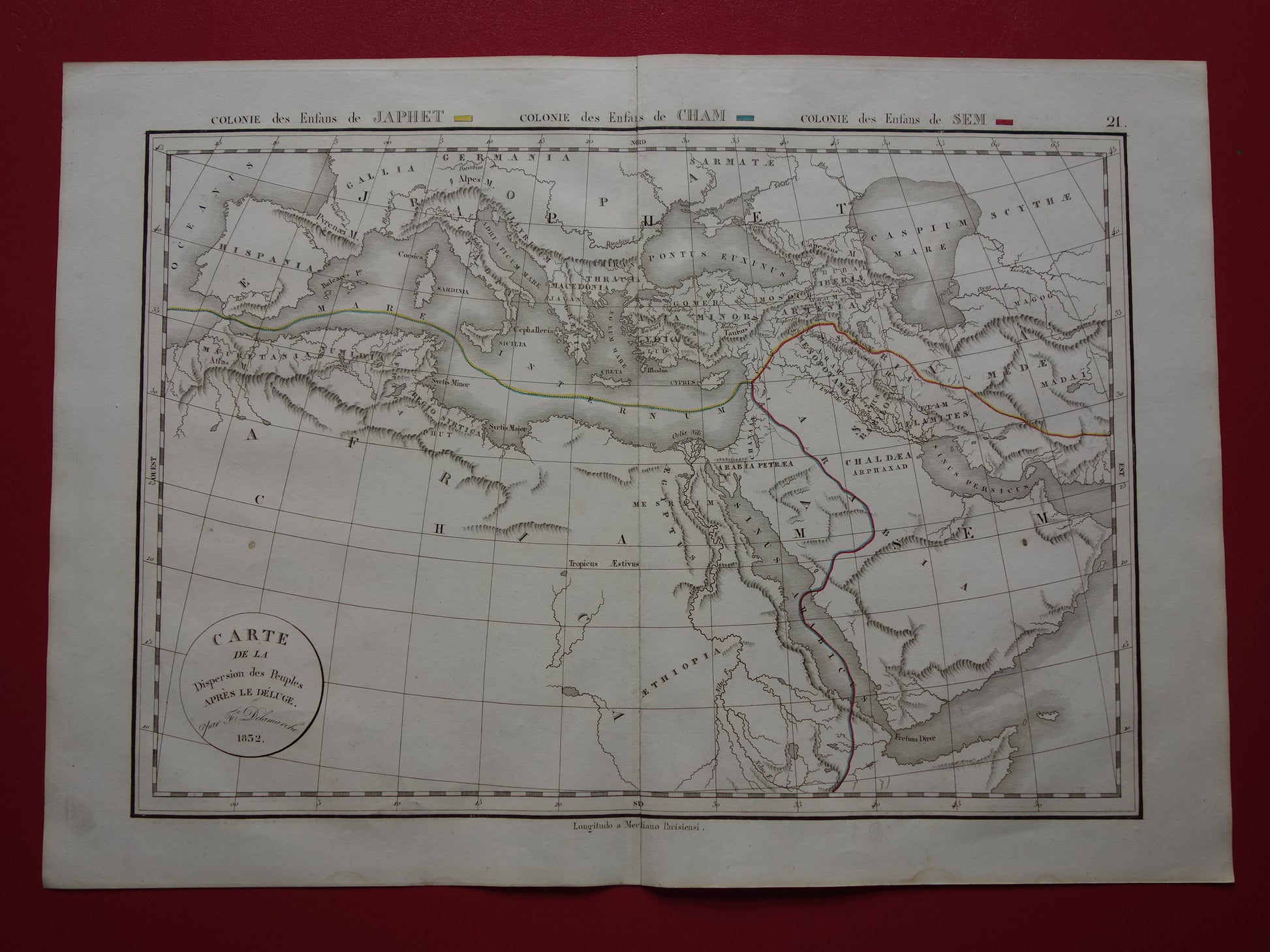 Oude Bijbelse kaart uit 1832 verspreiding zonen van Noach na de zondvloed - originele antieke handgekleurde landkaart met jaartal