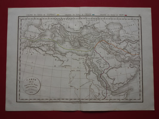 Oude Bijbelse kaart uit 1832 verspreiding zonen van Noach na de zondvloed - originele antieke handgekleurde landkaart met jaartal