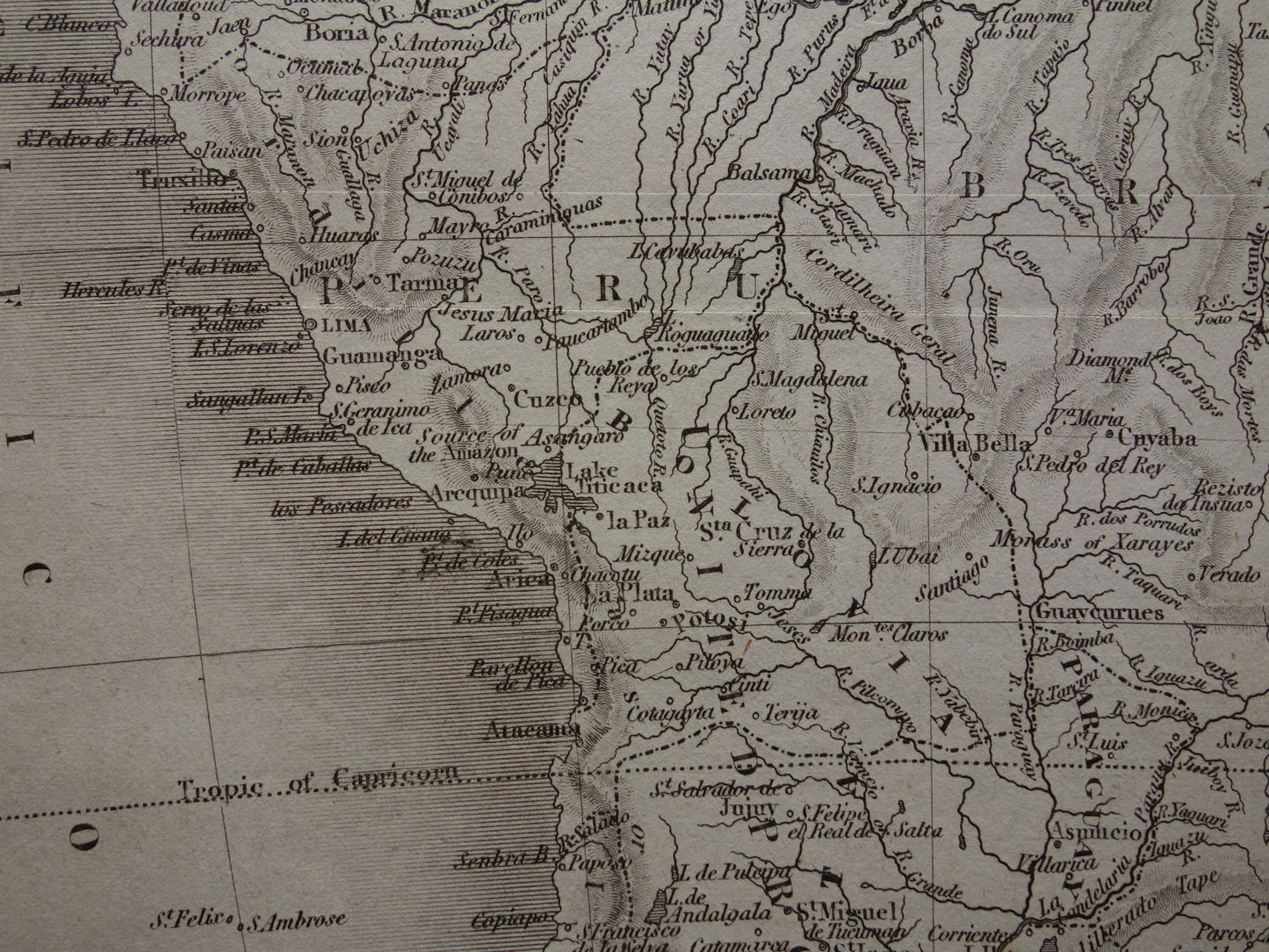 SOUTH AMERICA old English map from 1831 with date - antique map of continent South America