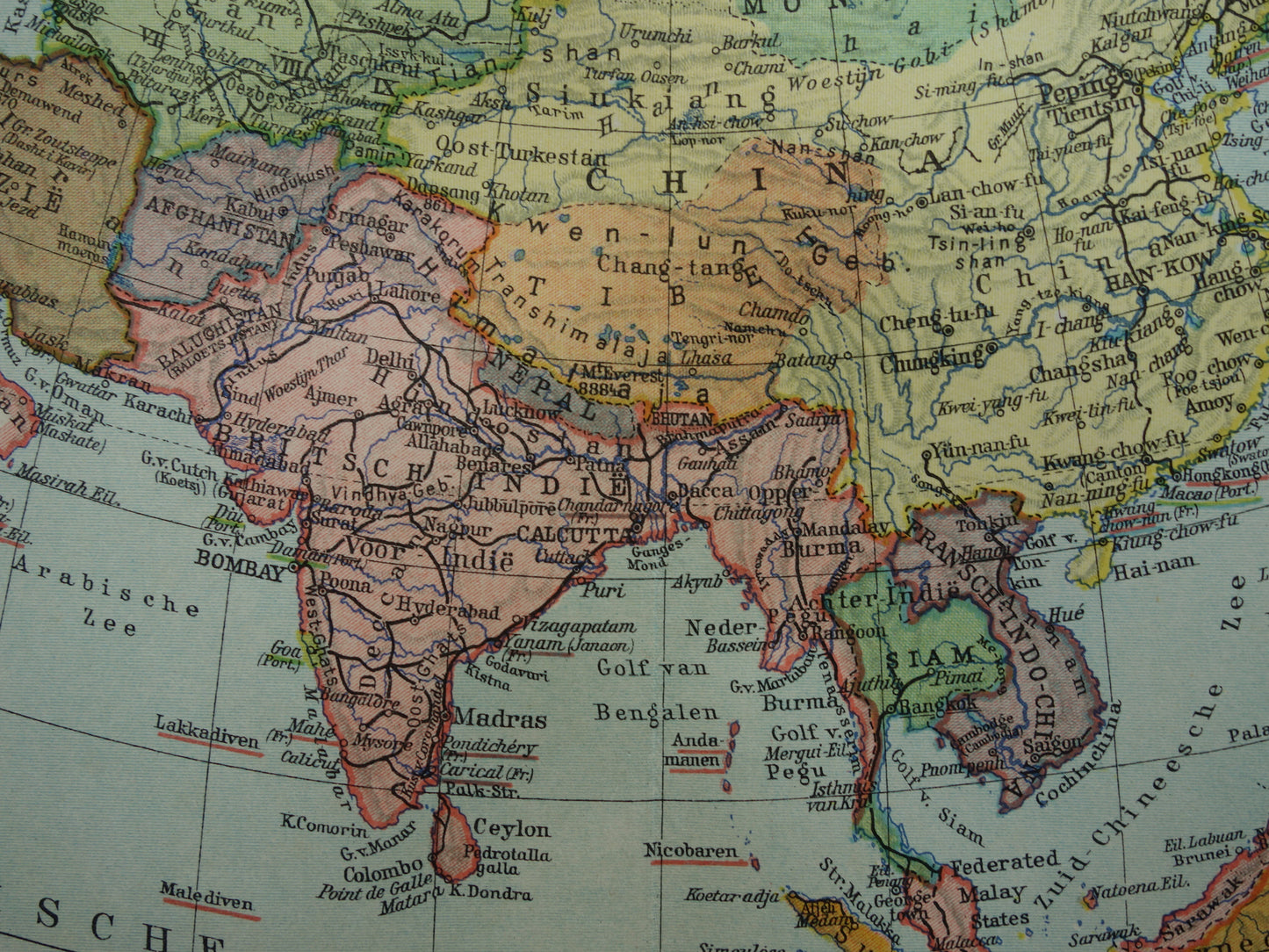 ASIA old map of continent Asia from 1936 original Dutch vintage map