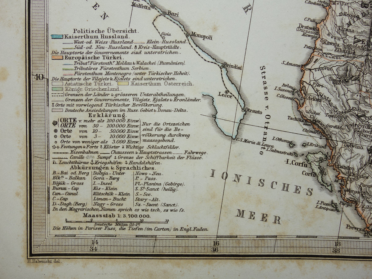 BALKAN oude kaart uit 1868 originele antiekelandkaart Bosnië Servië Roemenië Bulgarije Hongarije Turkije