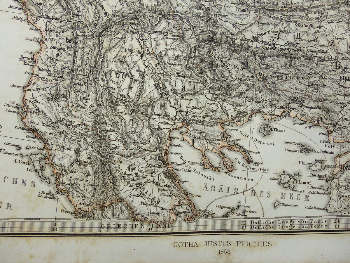 BALKAN oude kaart uit 1868 originele antiekelandkaart Bosnië Servië Roemenië Bulgarije Hongarije Turkije