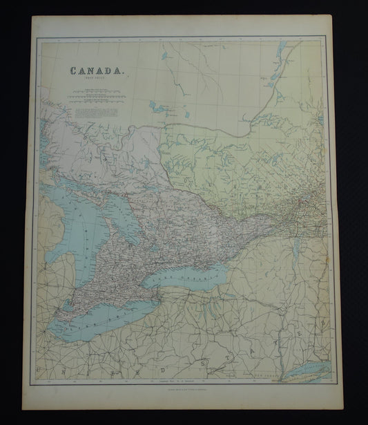 CANADA Grote antieke landkaart van Ontario en Quebec 1890 oude Engelse kaart poster Montréal Toronto Ottawa