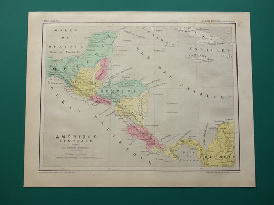 MIDDEN-AMERIKA Oude kaart van Centraal-Amerika uit 1877 originele antieke handgekleurde Franse landkaart Honduras Costa Rica Nicaragua vintage kaarten