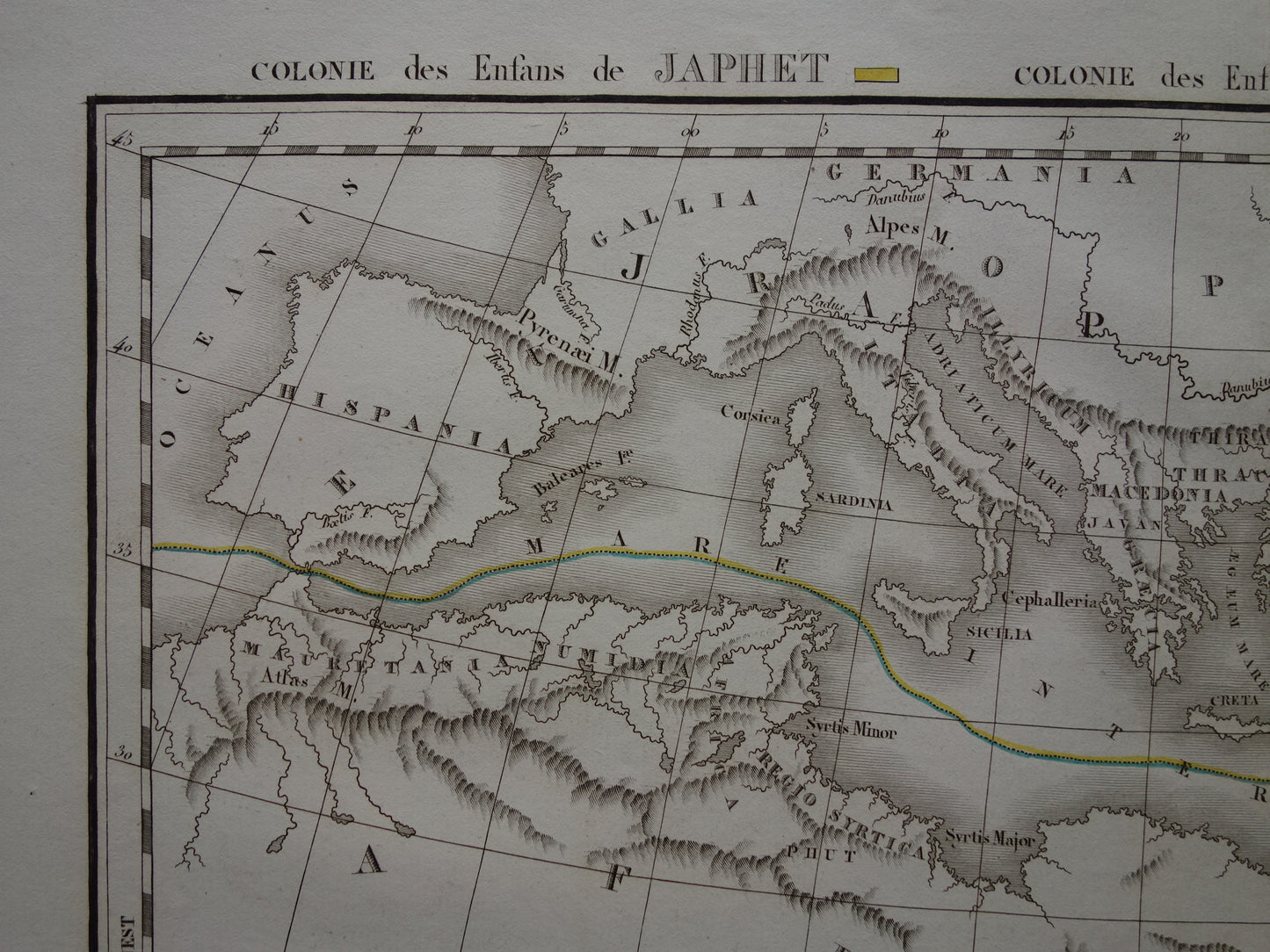 Oude Bijbelse kaart uit 1832 verspreiding zonen van Noach na de zondvloed - originele antieke handgekleurde landkaart met jaartal