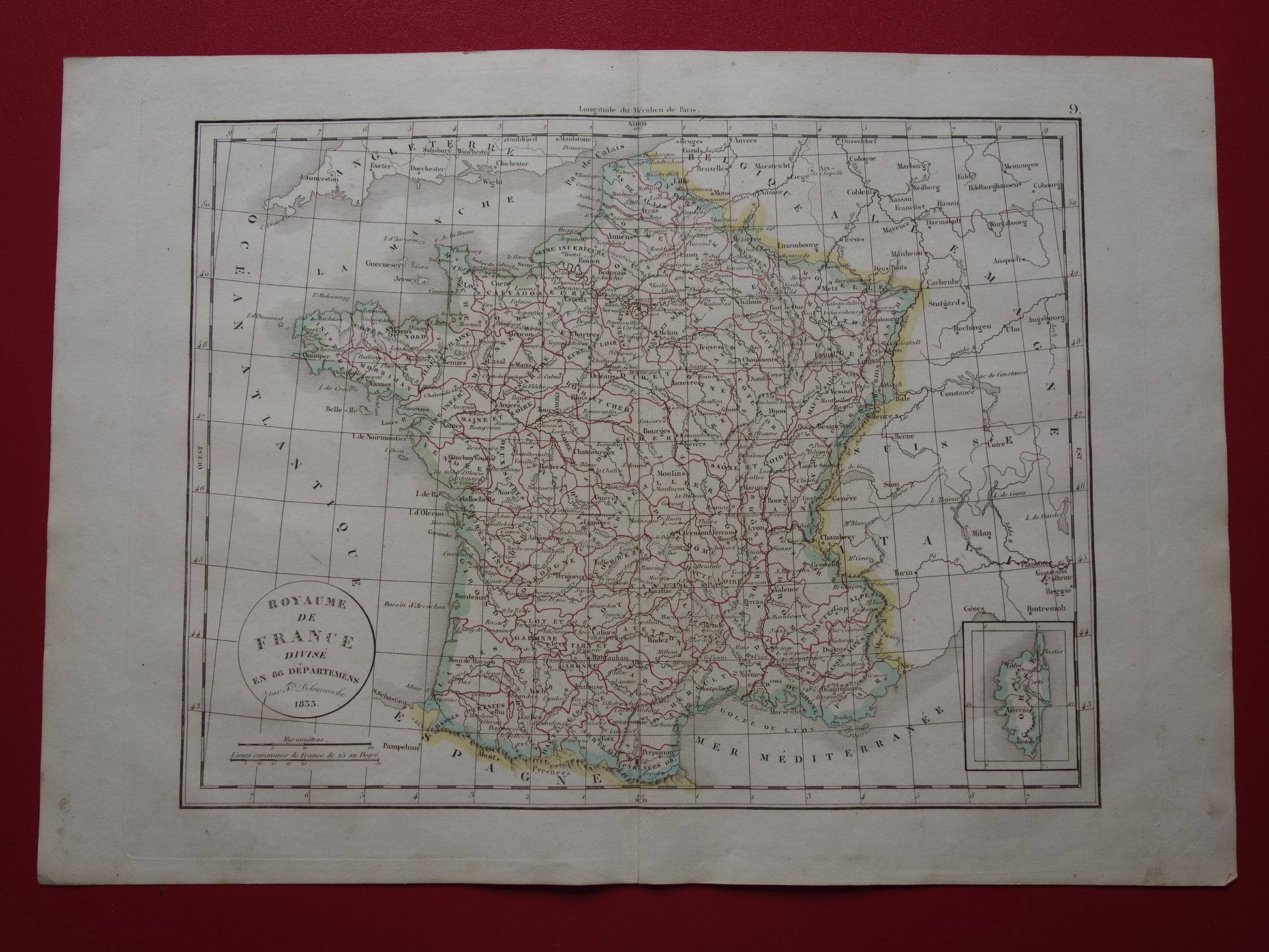 FRANKRIJK oude Franse kaart van Frankrijk uit 1833 originele antieke handgekleurde landkaart Franse departementen