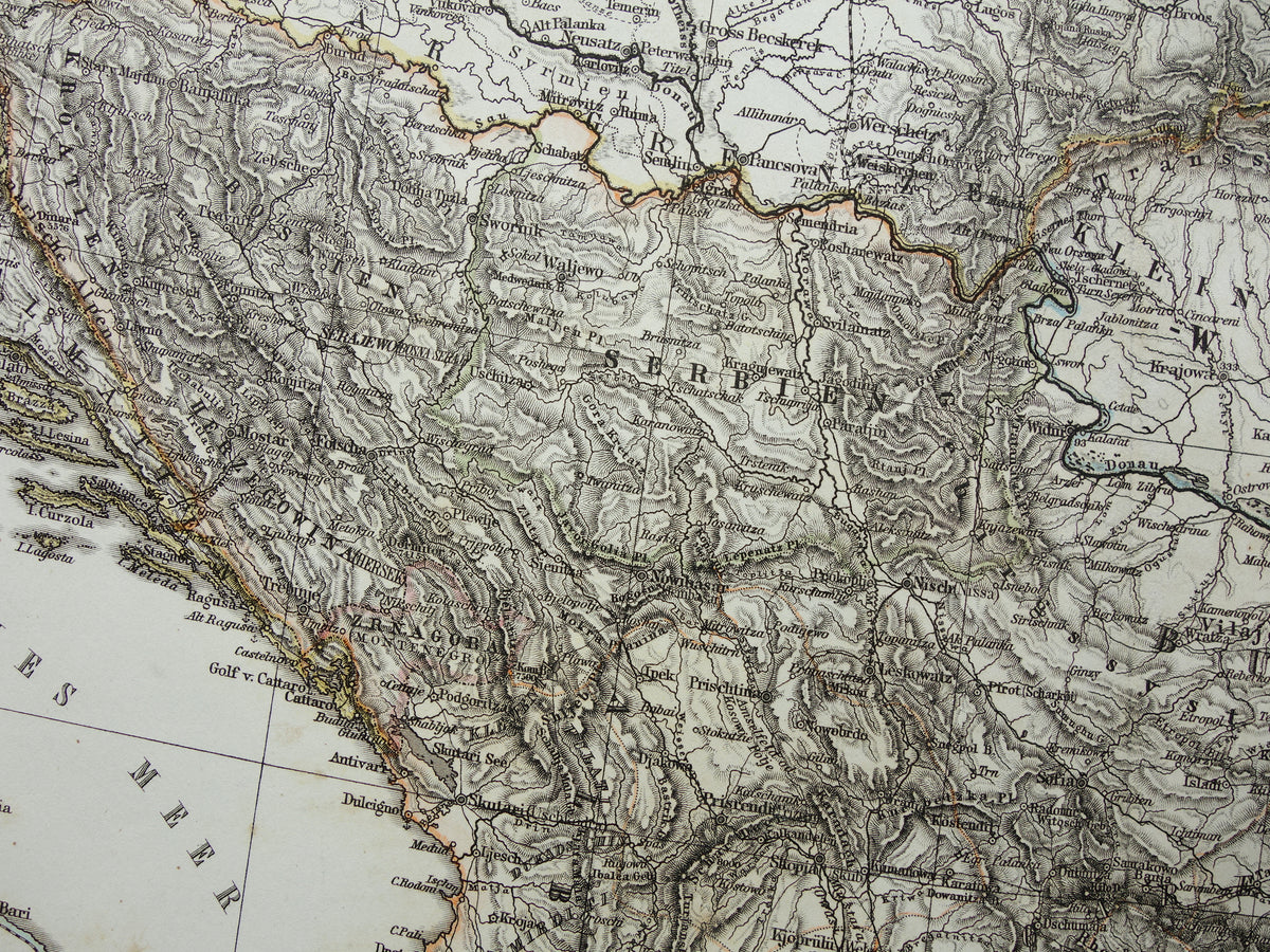BALKAN oude kaart uit 1868 originele antiekelandkaart Bosnië Servië Roemenië Bulgarije Hongarije Turkije