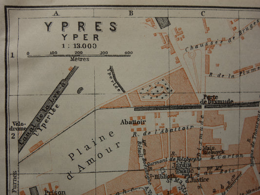 IEPER alte Karte von Ypern, Belgien, aus dem Jahr 1914, kleine originale antike Karte von Ypern