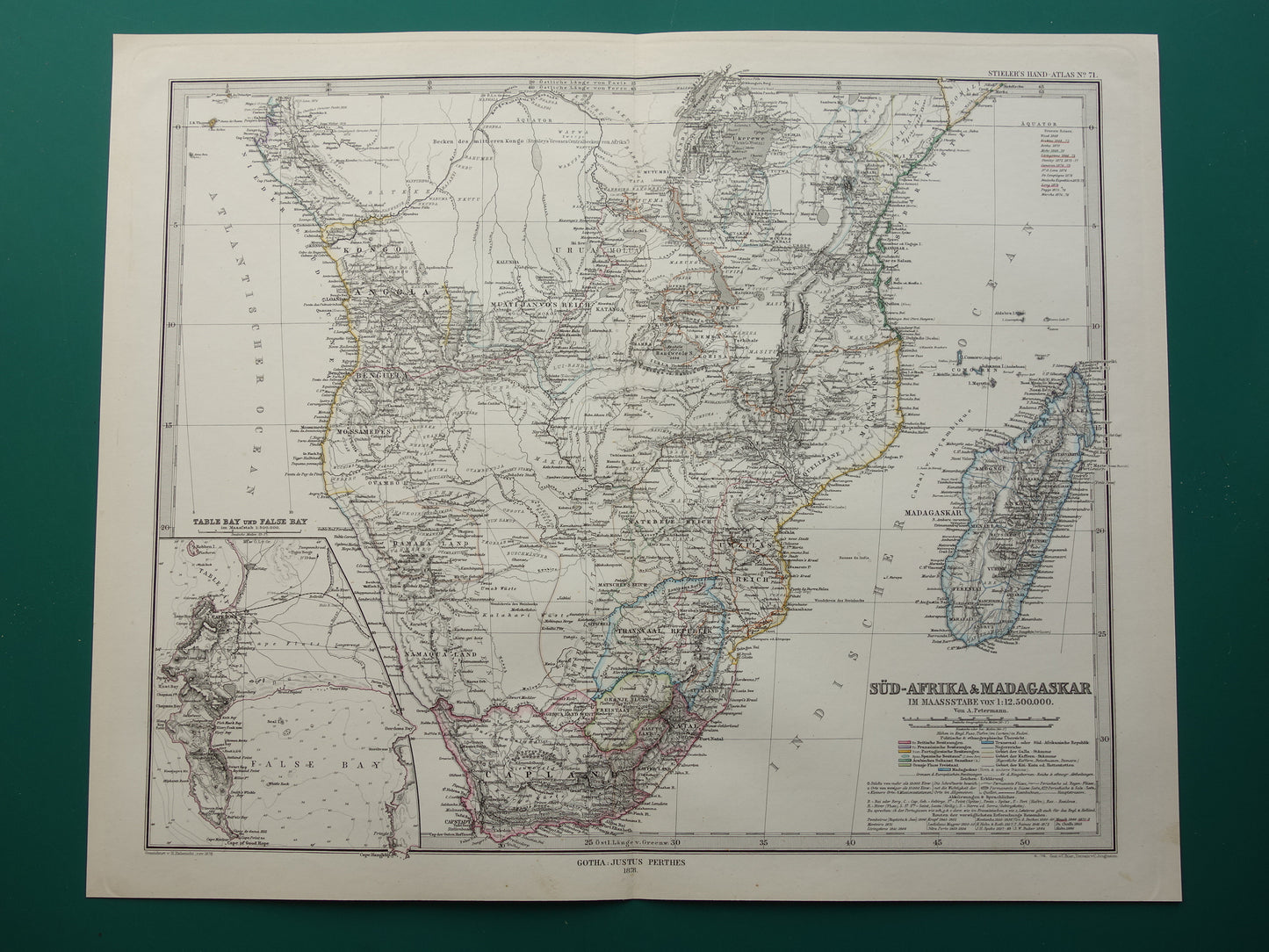 Antieke landkaart van Afrika in 1878 Grote originele 145+ jaar oude kaart van Zuid-Afrika Madagaskar Angola Namibië Botswana Tanzania Congo Mozambique Zambia Route Livingstone Andersson