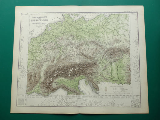 DUITSLAND oude kaart van Centraal Europa en Duitsland in 1867 originele antieke hoogtekaart Alpen Bergen Rivieren Geologie met jaartal te koop