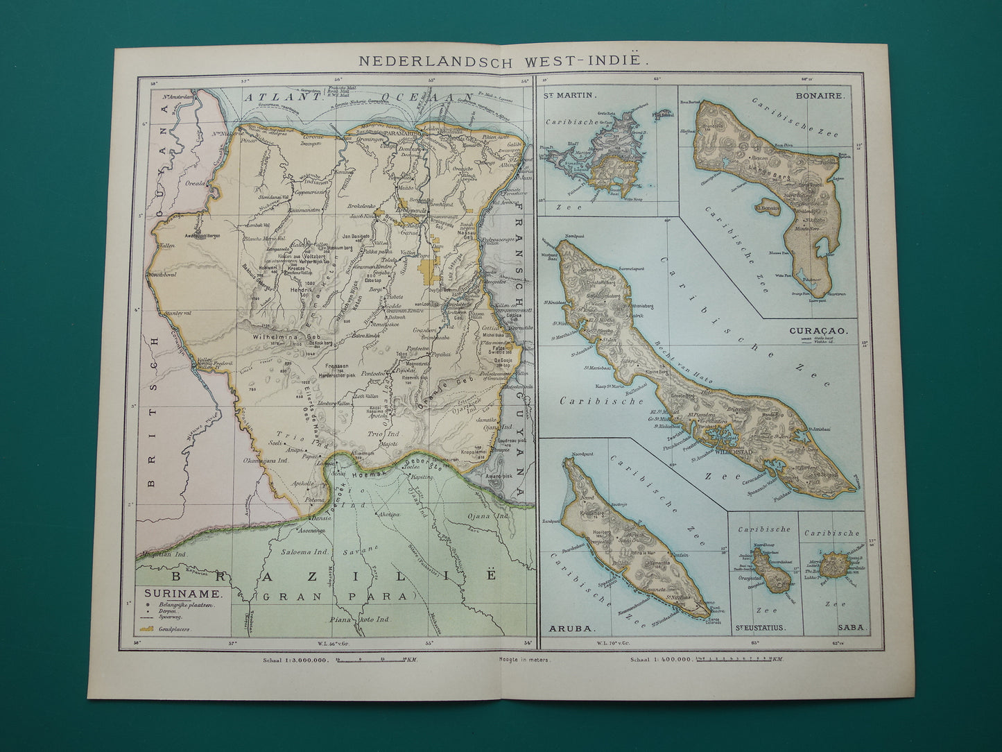 Suriname old map from 1922 original antique Dutch map of Suriname and the Caribbean West Indies