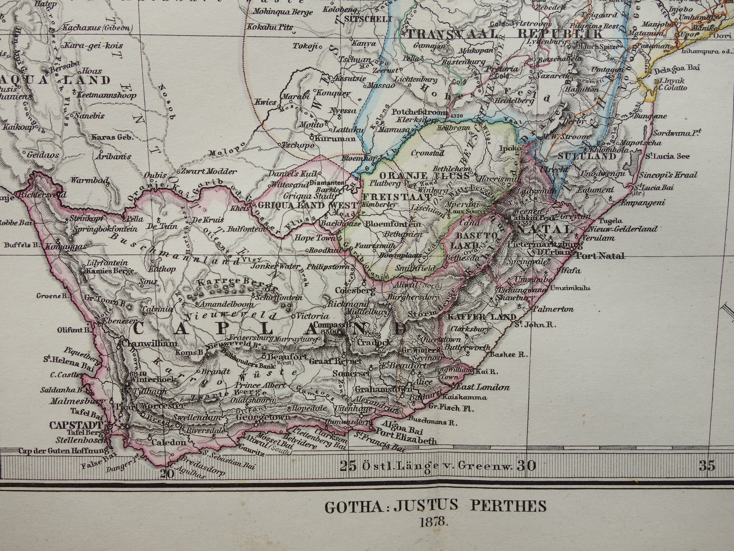 Antieke landkaart van Afrika in 1878 Grote originele 145+ jaar oude kaart van Zuid-Afrika Madagaskar Angola Namibië Botswana Tanzania Congo Mozambique Zambia Route Livingstone Andersson