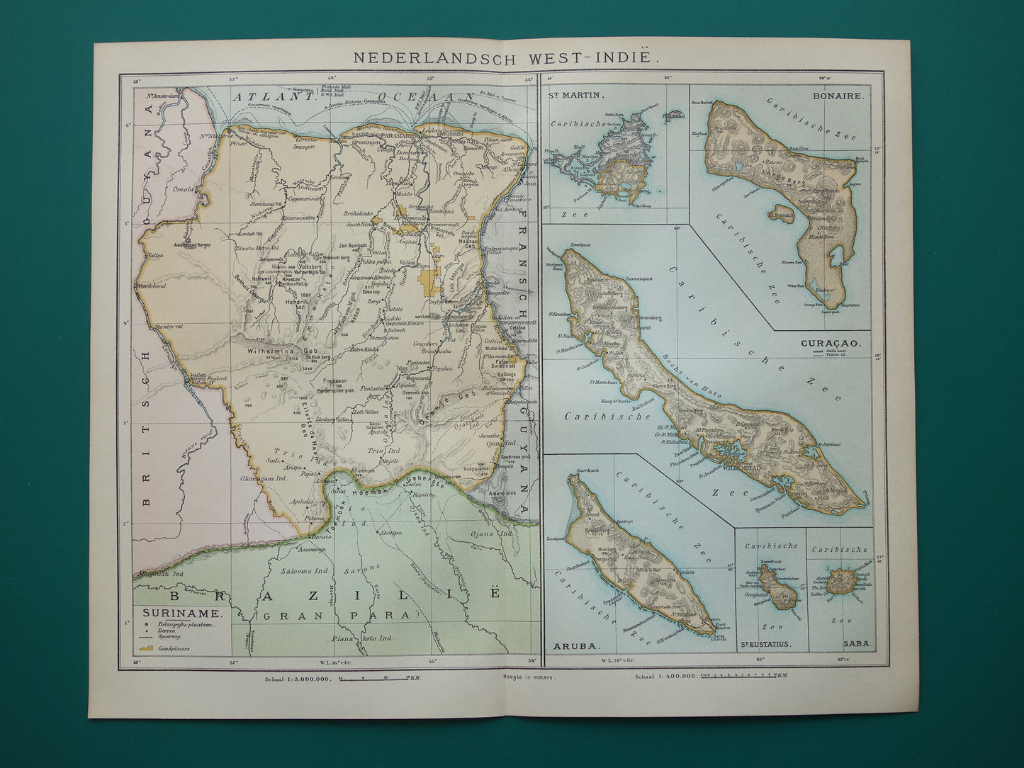 Suriname oude kaart uit 1922 originele antieke Nederlandse landkaart van Suriname en Caraïbisch gebied West-Indië