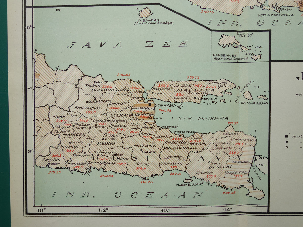 Old Map of Java and Madura Indonesia 1935 Original Vintage Dutch Map